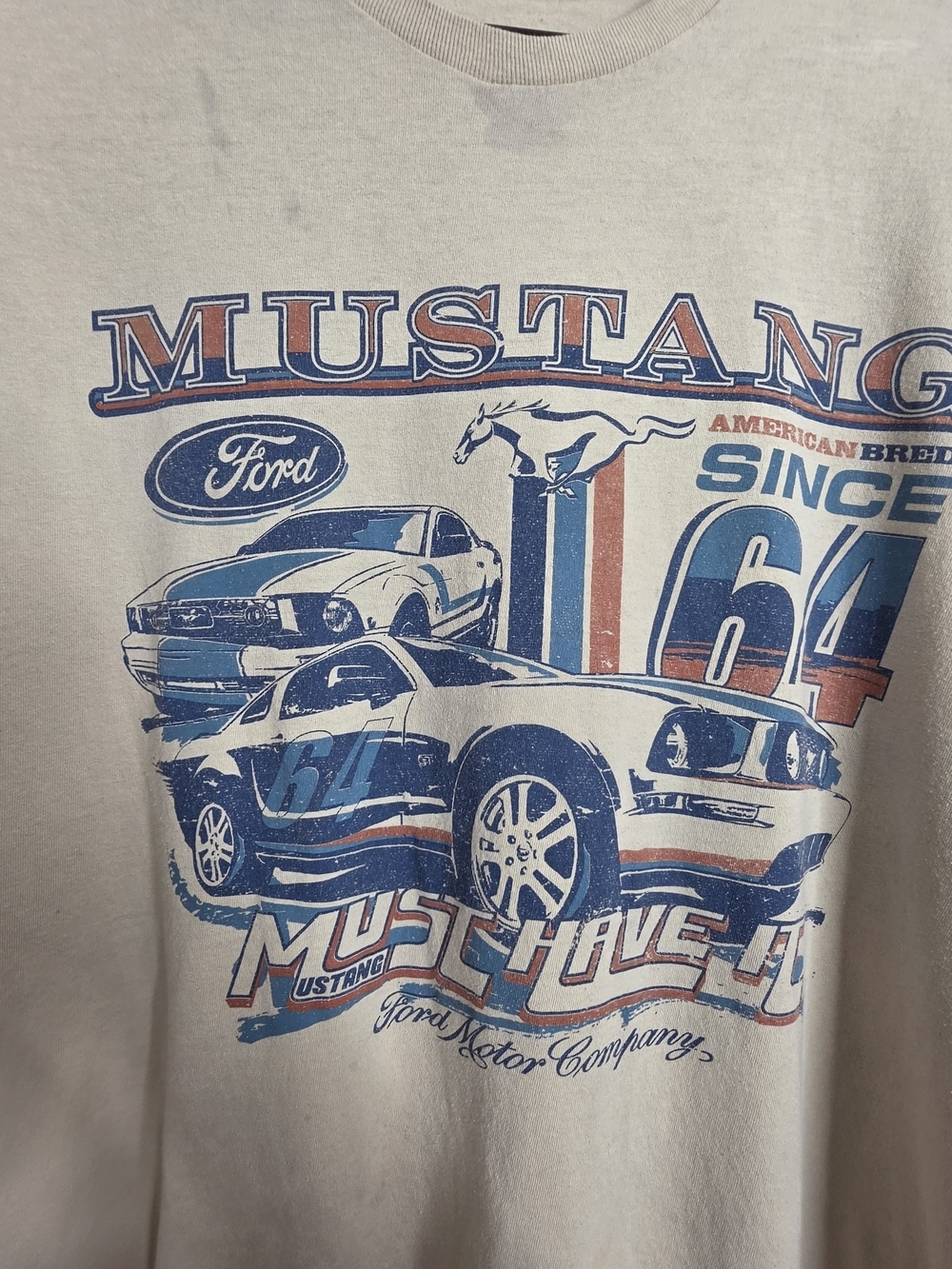 Ford Mustang Since 64 Graphic Tee Shirt Men XL Beige Distressed Car Crewneck - Picture 3 of 10